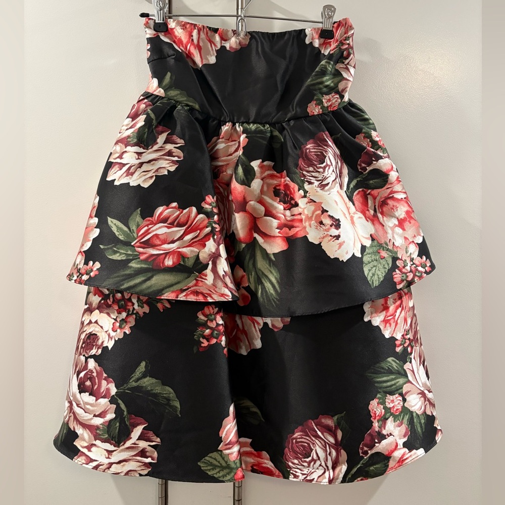 Lulus Charming Intentions Black Floral Taffeta Strapless Mini Dress